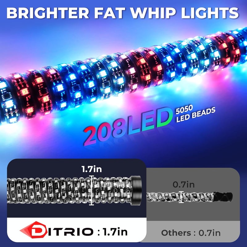 DITRIO 2 Pack 1FT Fat Whip Lights with App & Remote Control, Spiral RGB Chasing Lighted with Kill Switch, Side by Side Whip Lights with 4 Flags for UTV ATV SXS Truck, Multi Color, Waterproof, Music Mode - Image 2